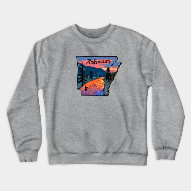 Fly Fishing Arkansas State Map Mountain Sunset River Retro Crewneck Sweatshirt by TeeCreations